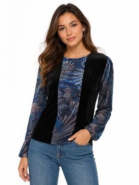 Women's Blue Patterned Long Sleeve Velvet-Panel Top
